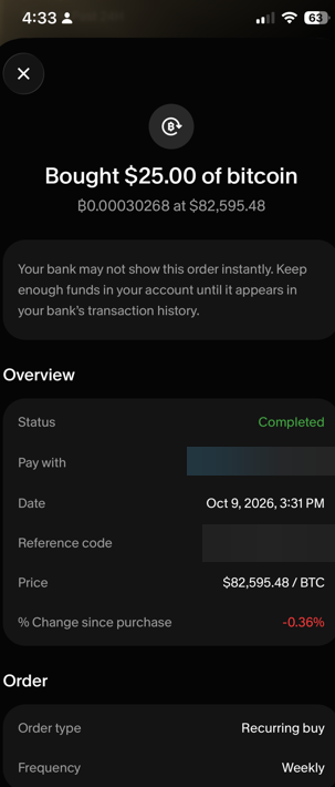 alecsime's tweet photo. $25 of Bitcoin, same as every Friday.
It’s not much, and it’s not making anyone rich this week.
But the amount matters a lot less than the habit. That’s $1,300 a year going in without me thinking about it, and more importantly, it makes me someone who buys no matter what the price is doing.
Every sat counts.