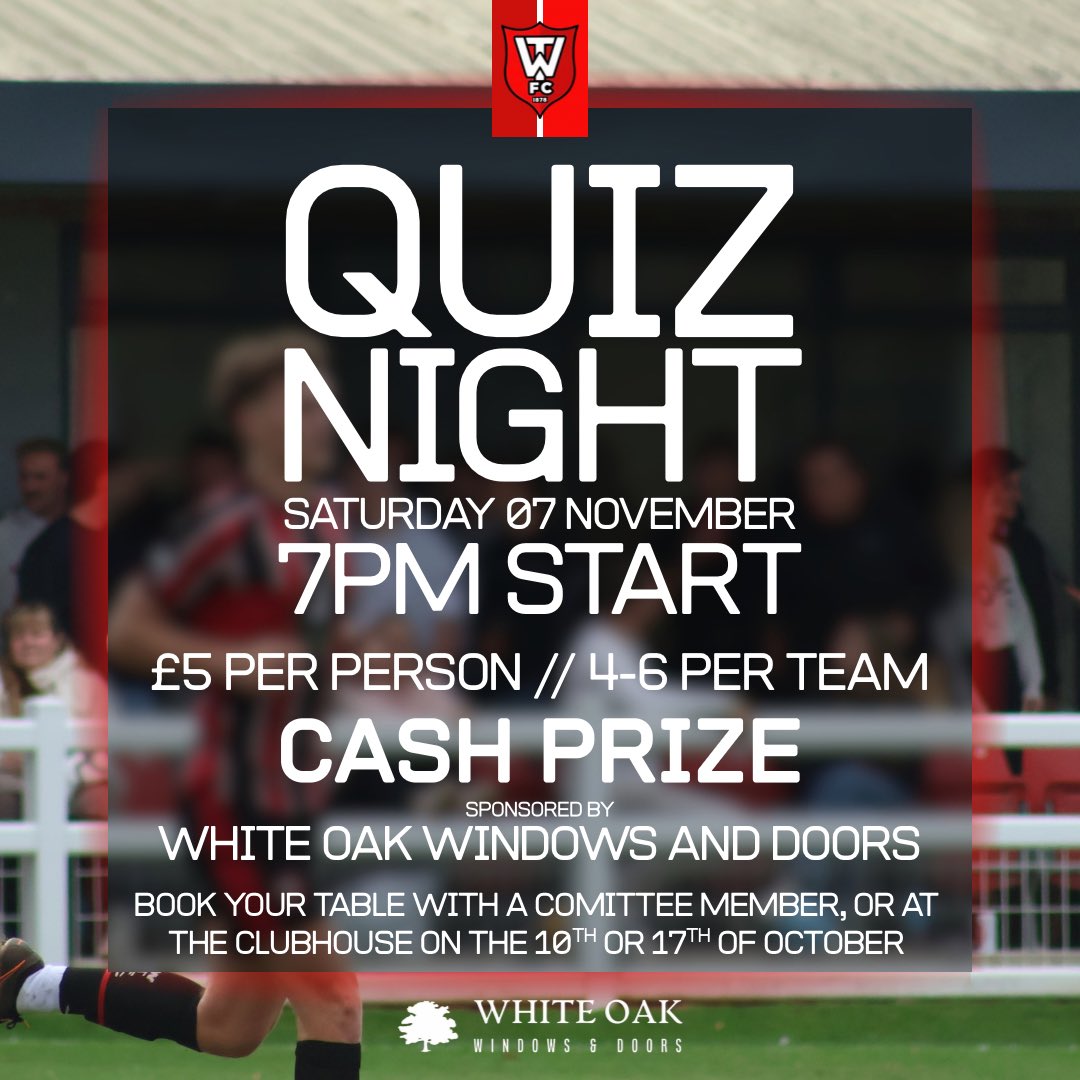 WarminsterTnFC's tweet photo. 🔴 QUIZ NIGHT ⚫️

Join us on the 7th of November for a Warminster Town Quiz Night. We will be playing Calne at home the very same day, so all facilities will be open throughout.

A huge thank-you to White Oak Windows and Doors for sponsoring this event 🌳

#warminster #quiz https://t.co/DarPNNuwXM