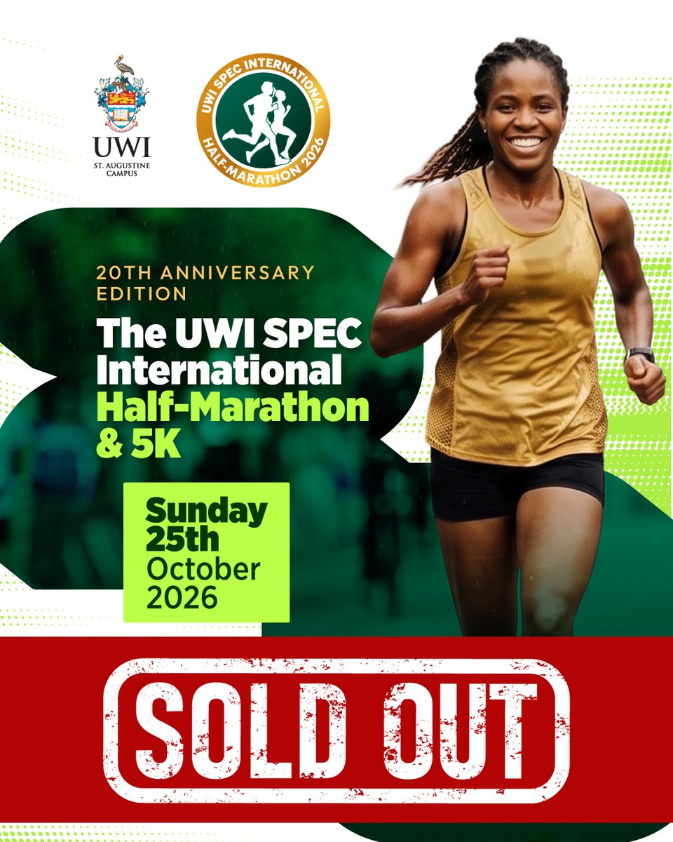 UWI_StAugustine's tweet photo. SOLD OUT!
All available race entries for the 20th Edition of The UWI SPEC International Half-Marathon & 5K have been claimed!
Only persons with previously bought codes can register.
Thank you to everyone who secured their spot for this milestone edition. #UWIHalfMarathon #UWI5K https://t.co/1TuBWx7ZG8