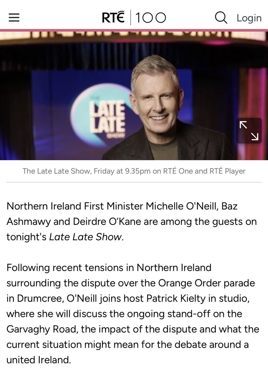 EamonnMallie's tweet photo. SOS …BREAKING NEWS…Less than an hour after NI SOS announces dramatic news vis à vis Garvaghy Road standoff… FM Michelle O’Neill joins @Patrickielty on @RTElateLateShow. @PresidentIRL @MiriamOCAL @little_pengelly https://t.co/EhPZxGNa1S