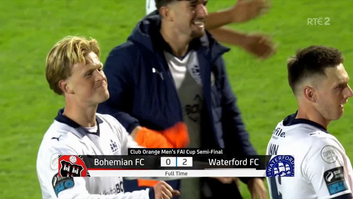 Screenshot from RTÉ 2 showing the full-time score of a Club Orange Men's FAI Cup Semi-Final between Bohemian FC (0) and Waterford FC (2), with Waterford players celebrating on the pitch.