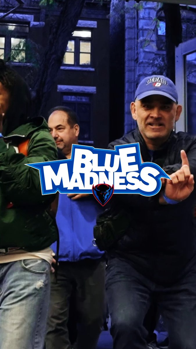Nighttime street scene featuring a man in a DePaul cap celebrating with a raised finger, overlaid with a 'Blue Madness' logo featuring a panther mascot, suggesting a DePaul University alumni event.