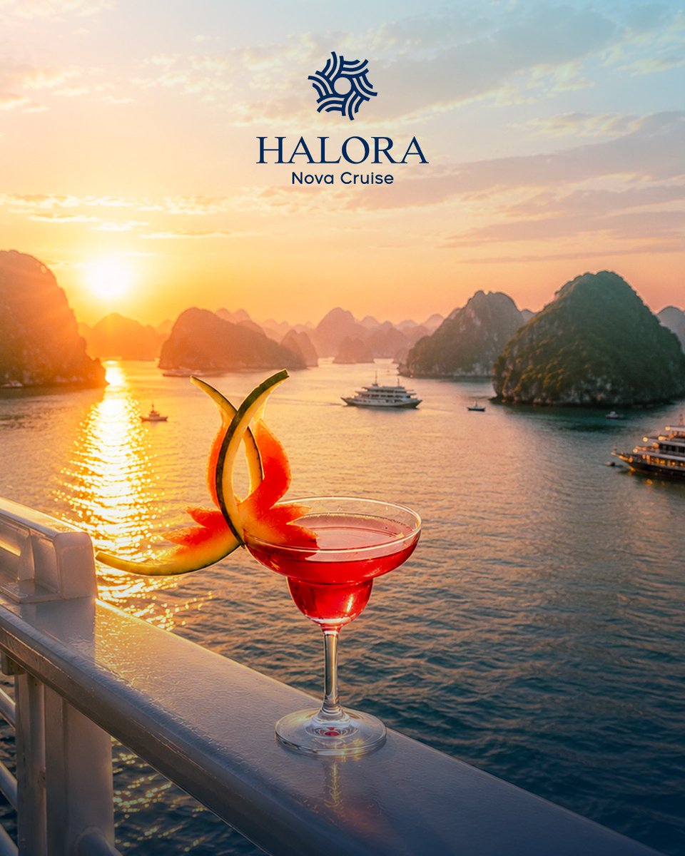 Panxaxz's tweet photo. As the sun sets over Lan Ha Bay, crystal-clear waters glow gold. A cocktail catches the fading light, inviting time to slow where refined flavours meet the lingering essence of the sea. https://t.co/ilq0ERifA2