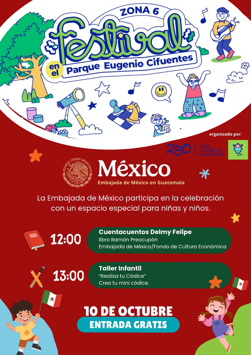 EmbaMexGua's tweet photo. 📚✨ ¡Las historias también se cuentan en códices!
Este sábado, la @EmbaMexGua  te invita a disfrutar cuentos con Delmy Felipe y a convertir uno de tus viajes en un códice.

¡Ven y deja volar tu imaginación!

📍 Parque Eugenio Cifuentes, Z. 6
🗓️ Sábado 10 de octubre

@muniguate https://t.co/z9by3v0m6z