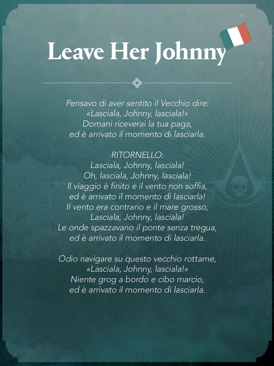 AssassinsITA's tweet photo. Tra tutte le sea shanty di Assassin's Creed Black Flag, poche colpiscono come "Leave Her, Johnny". 💙
Una melodia intrisa di nostalgia, che accompagna il momento in cui ogni avventura volge al termine. ⚓🏴‍☠️ https://t.co/usWT4QI4Tw
