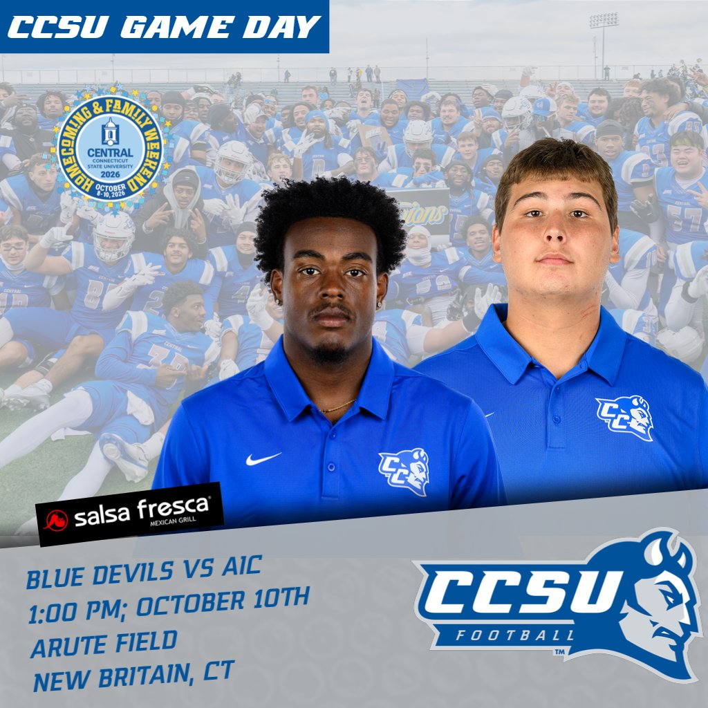 CCSUBlueDevils's tweet photo. 🏈@CCSU Homecoming &amp; Family Weekend @CCSU_FB #GameDay 

🆚AIC
🕐1:00 pm
📺https://t.co/rRUHonXZC8
📊https://t.co/ahPYi6hABe
🎟️https://t.co/E2dBjaE40N

https://t.co/65YNDgurL0

#GoBlueDevils #NECFB https://t.co/MvWDdAUHT4
