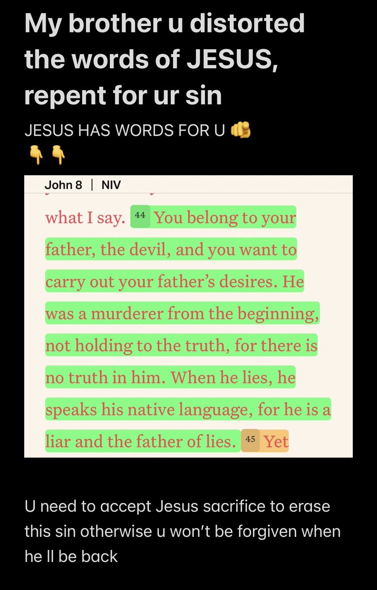 ElfDels's tweet photo. @Gwani_bukhari @BubblesDegen 👇👇👇
“And I will ask the Father, and he will give you another advocate to help you and be with you forever— But the Advocate, the Holy Spirit, whom the Father will send in my name, will teach you all things and will remind you of everything I have said to you.”
John14:16, 26
👇 https://t.co/9BxGpIBIi4