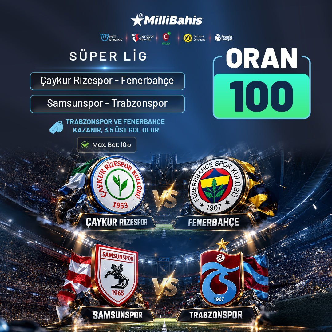 milligirisx's tweet photo. MİLLİBAHİS'TE DEV ORANLAR🎰
SÜPER LİG➕LA LİGA
Süper Lig: #Fenerbahçe &amp; Trabzonspor kazanır + 3.5 ÜST
💥 Özel Oran: 100

🇪🇸 La Liga: #Barcelona &amp; Real Madrid kazanır + 4.5 ÜST
🚀 Özel Oran: 500

⚡ Büyük maçlar, özel oranlar! https://t.co/YnPl2RJ4eD
