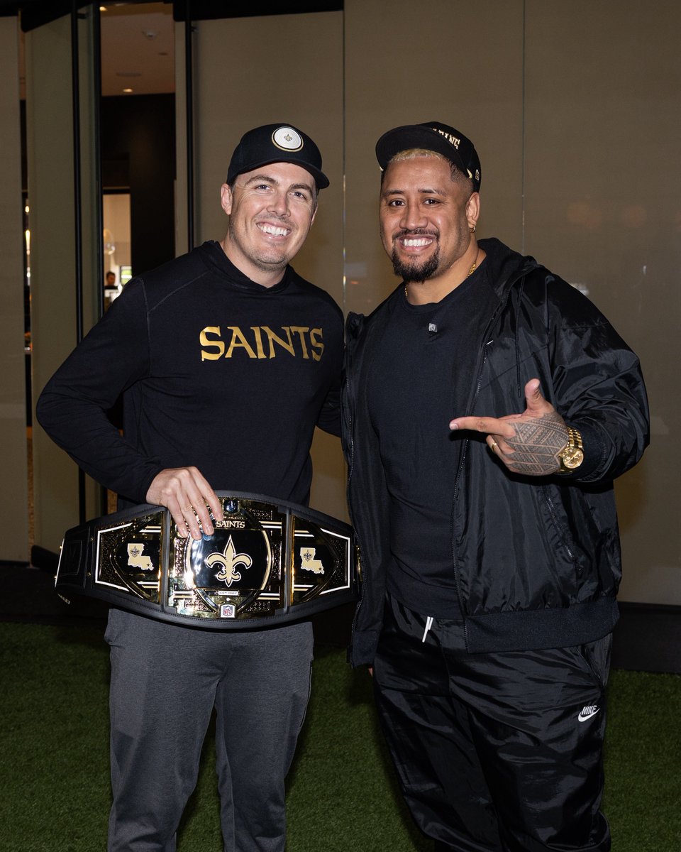 Saints's tweet photo. WWE Superstar Solo Sikoa stopping by practice today! 

He’s in town for Money in the Bank at the Smoothie King Center on Saturday

#Saints | @WWE https://t.co/dlUc2vCDKO