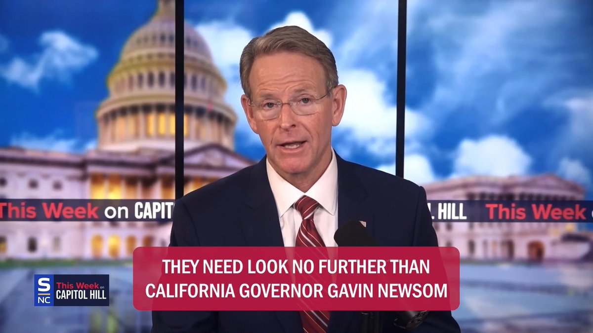 A news segment from SNY's 'This Week on Capitol Hill' features an anchor with a Capitol building backdrop and on-screen text reading 'THEY NEED LOOK NO FURTHER THAN CALIFORNIA GOVERNOR GAVIN NEWSOM.'