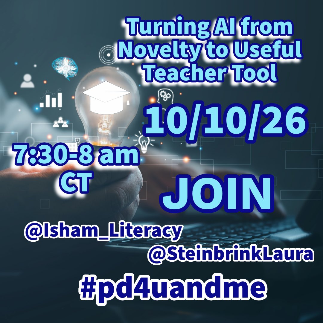 SteinbrinkLaura's tweet photo. Don’t forget to set your alarm for tomorrow’s #pd4uandme chat as we discuss “Turning #AI from Novelty to Useful Teacher Tool.” See you at 7:30 AM CT!
@specialtechie @Bank1Charlie @DrEdwardsESL https://t.co/BJ4SrsD37n