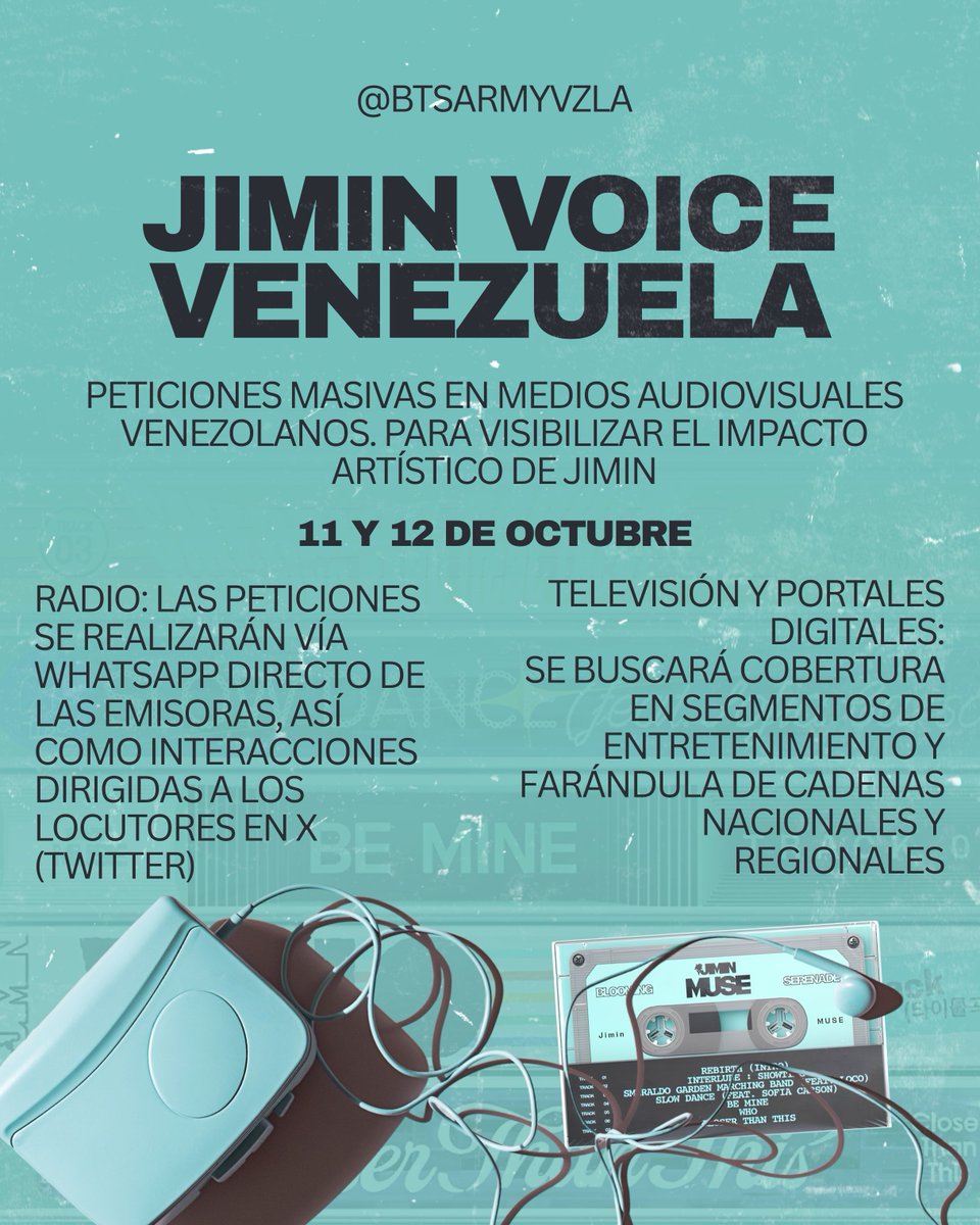 BTSarmyvzla's tweet photo. "Jimin Voice Venezuela" Campaña de Difusión por el Cumpleaños de #Jimin

Con motivo del cumpleaños de Jimin el próximo 11 y 12 de octubre a partir de las 11am, se organizará una campaña de peticiones masivas en medios audiovisuales venezolanos

 #JiminDayVenezuela https://t.co/xyiojIiFh0