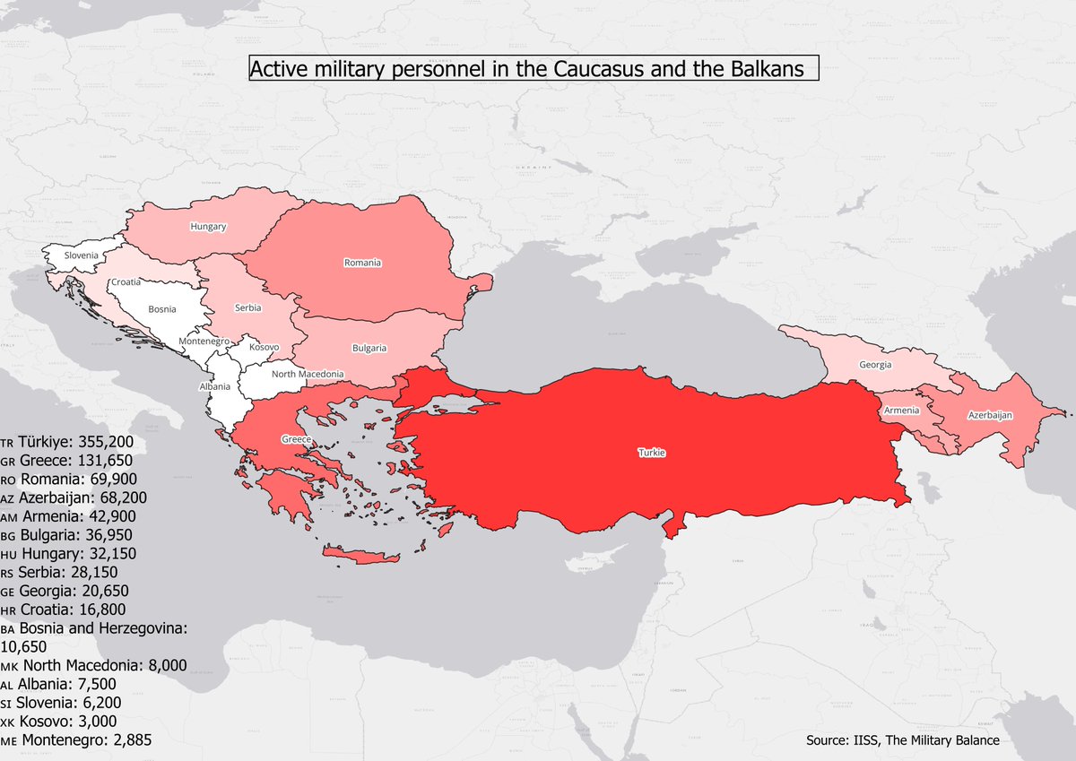 mapsinred's tweet photo. Active military personnel in the Caucasus and the Balkans. Türkiye alone accounts for 42% of the region’s troops https://t.co/F9ltnOFsa7