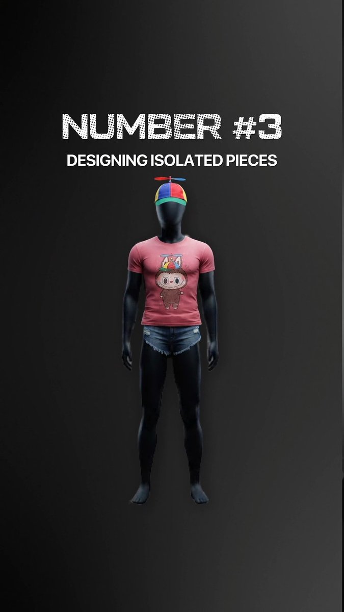 A digital graphic titled 'NUMBER #3 DESIGNING ISOLATED PIECES' showing a black mannequin wearing a propeller beanie, a pink t-shirt with a cartoon character, and denim shorts against a dark background.