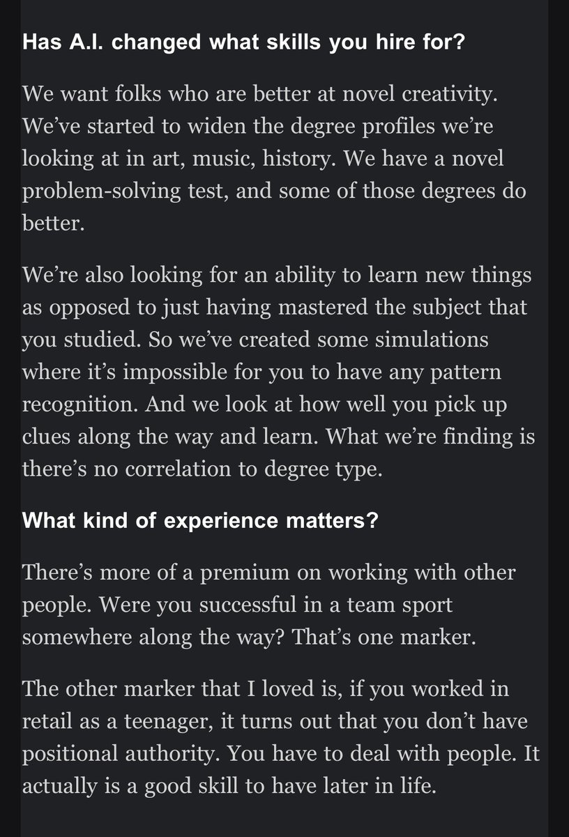 bearlyai's tweet photo. McKinsey CEO says AI has changed his hiring criteria. The consulting firm is looking more at people with degrees in “art, history, music” and prioritizing “folks better at novel creativity”. https://t.co/eGA9Laotgd