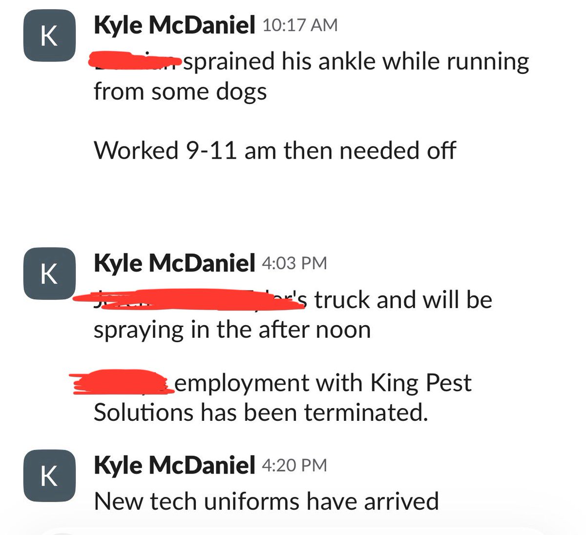pestctrlguy's tweet photo. My partner and I have a “daily brief”slack channel for just the two of us.

We connected ChatGPT and can have it search things here. This is especially helpful for payroll where people may have taken PTO, worked a partial shift, or overtime. 

I’m out of town for the weekend. 

Yesterday was a crazy one. 

One thing after another.