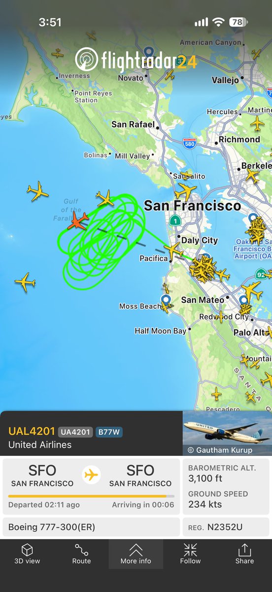 beanquinox's tweet photo. Anyone know anything about UA4201? Took off from KSFO, been flying in circles for 2 hours, scheduled to arrive at same airport. Flight number’s history has more similar flights. Is this a normal thing? @flightradar24 https://t.co/y6FynJ8JXT
