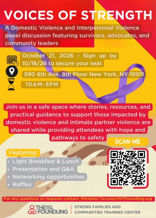 TheNYFoundling's tweet photo. Join us on 10/21 at 10AM-3PM at our Manhattan headquarters for Voices of Strength - a domestic violence &amp; interpersonal violence panel discussion. Hear powerful stories, discover valuable resources, and gain practical guidance. Register here: https://t.co/xA0YA6KKXs https://t.co/BuGcvjCxHm