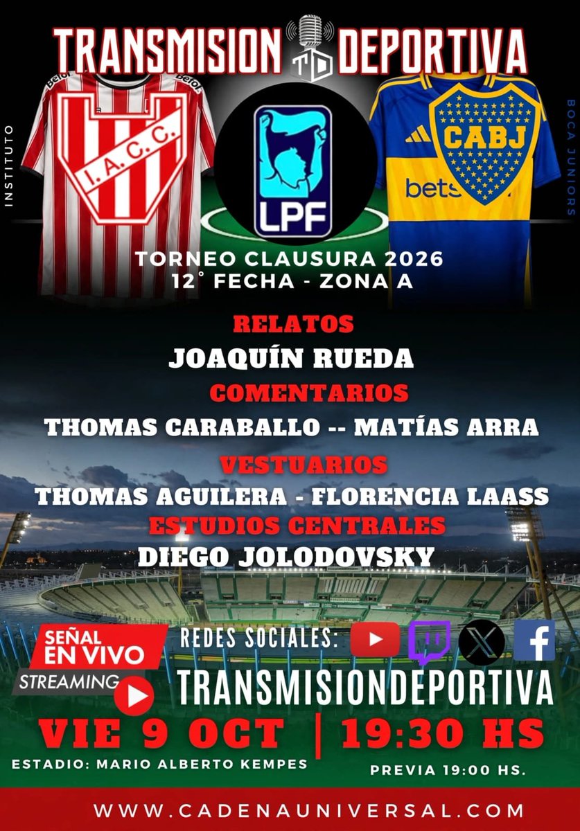 TransmisionDep1's tweet photo. #TorneoClausura | #Fecha12 

Hoy viernes

#Instituto 🆚️ #Boca 
Previa 19.00 
Partido 19.30

🎙️ Relator: @joacorueda1 
🗣️ Comentaristas: Thomas Caraballo - @arra_mati
🔴⚪ Instituto: @ThomasLagoria
 🔵🟡 Boca: @flor_laass
💻Estudios Centrales: @JoloFutbol https://t.co/WMbT0GURWy