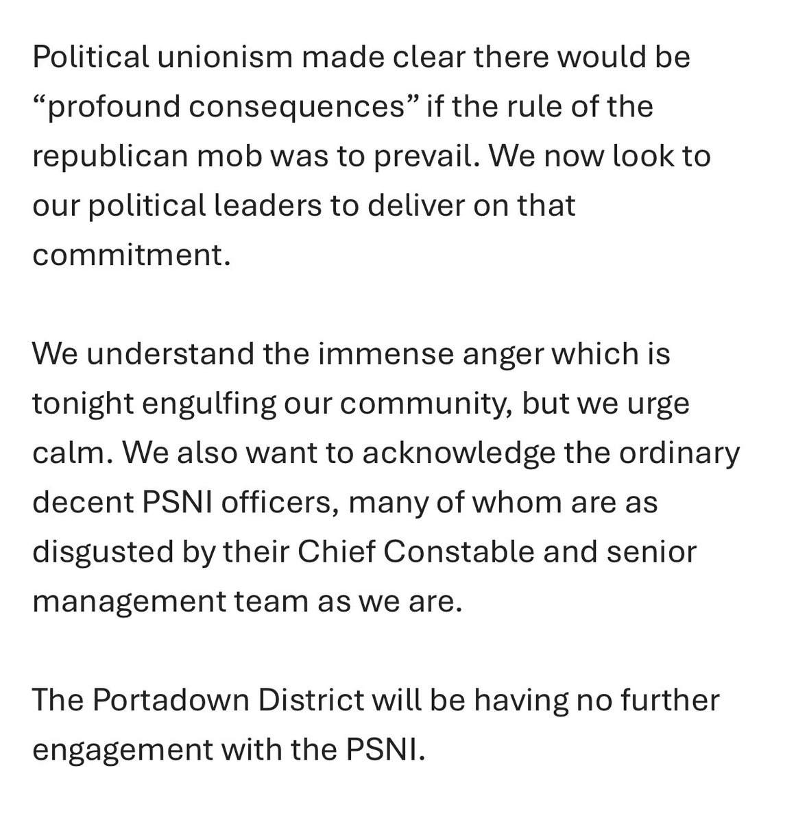 williamcrawley's tweet photo. Portadown District says they will have no further engagement with the PSNI, and are looking to unionist parties to deliver “profound consequences”. https://t.co/aXzcuXw978