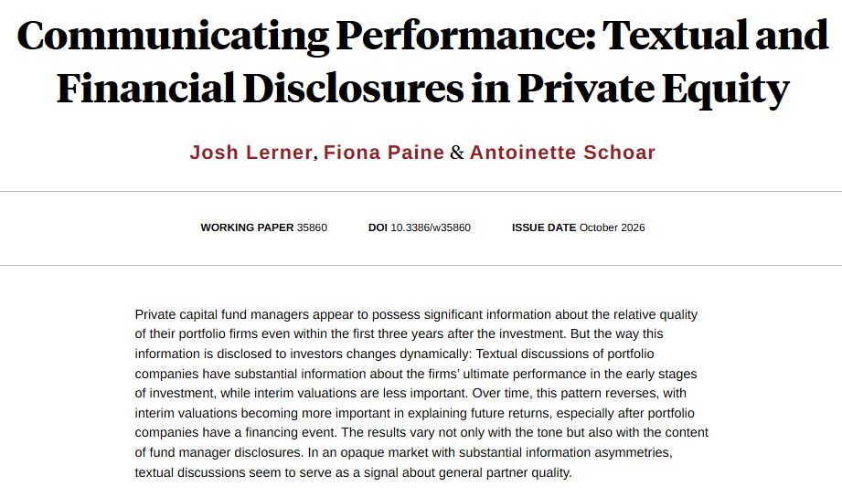 nberpubs's tweet photo. Textual discussions of portfolio companies by private equity managers in the first years after the investment convey substantial information about their ultimate performance, from Josh Lerner, Fiona Paine, and Antoinette Schoar https://t.co/gEBvIbitSS https://t.co/u12xkPz6Uv