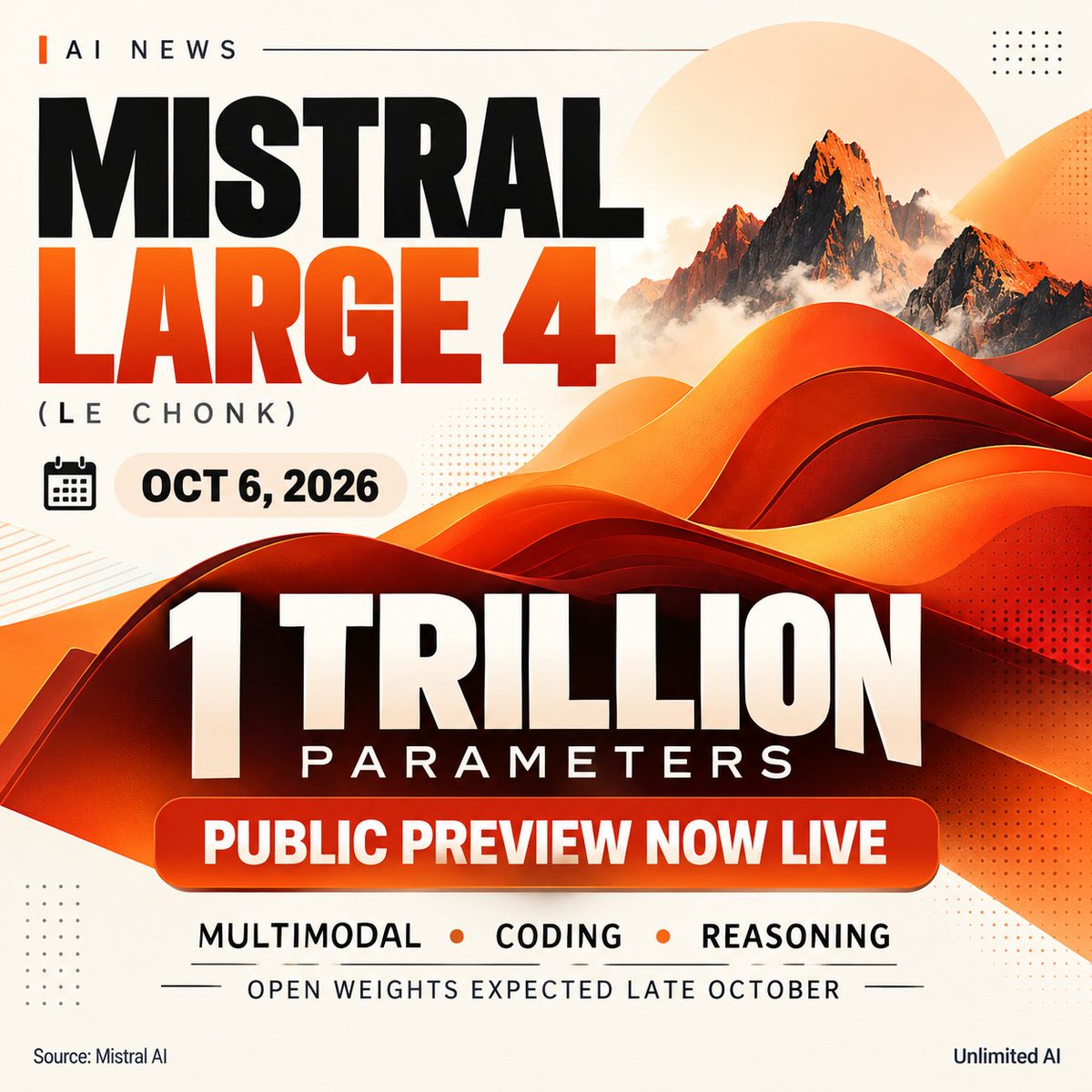 FreeAIPlatform_'s tweet photo. 🚀 Mistral AI unveils Mistral Large 4 (Le Chonk)!

🧠 1 trillion parameters
⚡ Advanced coding &amp; reasoning
📚 1M-token context window
🌍 160+ languages
🔓 Open weights coming in late October!
A new challenger to GPT, Claude &amp; Gemini? 👀
#MistralAI #AINews #AI #UnlimitedAI https://t.co/yST5z2xvqz