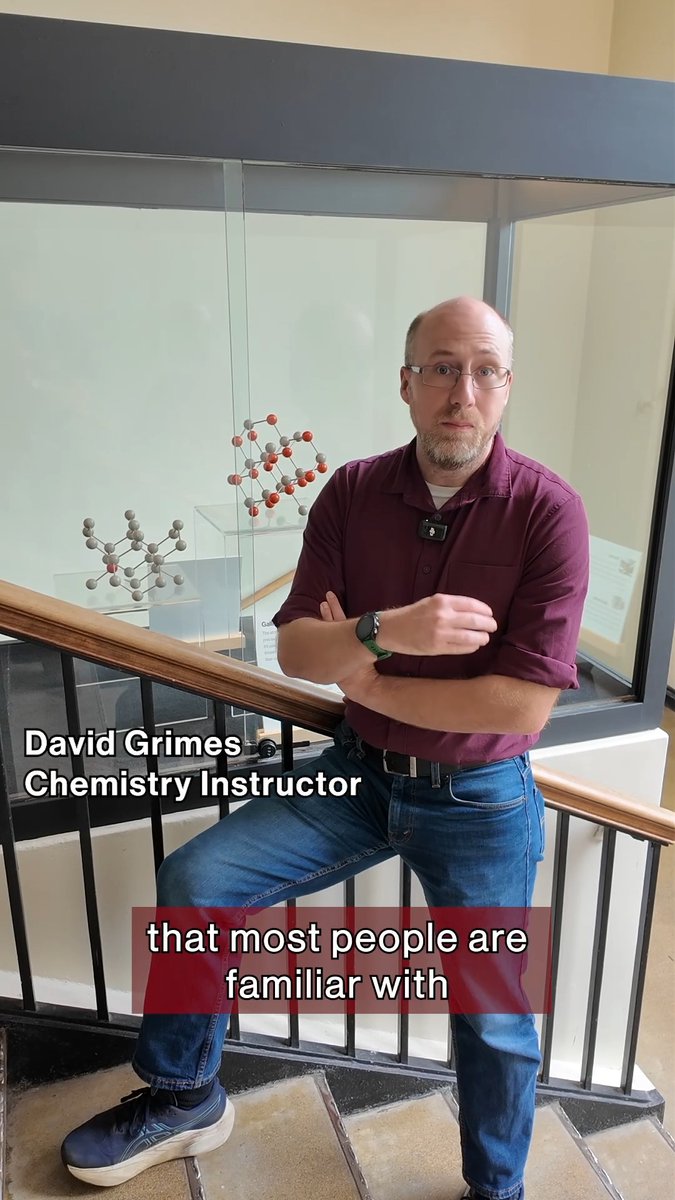 A photograph of David Grimes, a Chemistry Instructor, standing with crossed arms in what appears to be a science building, with text overlay reading 'that most people are familiar with'.