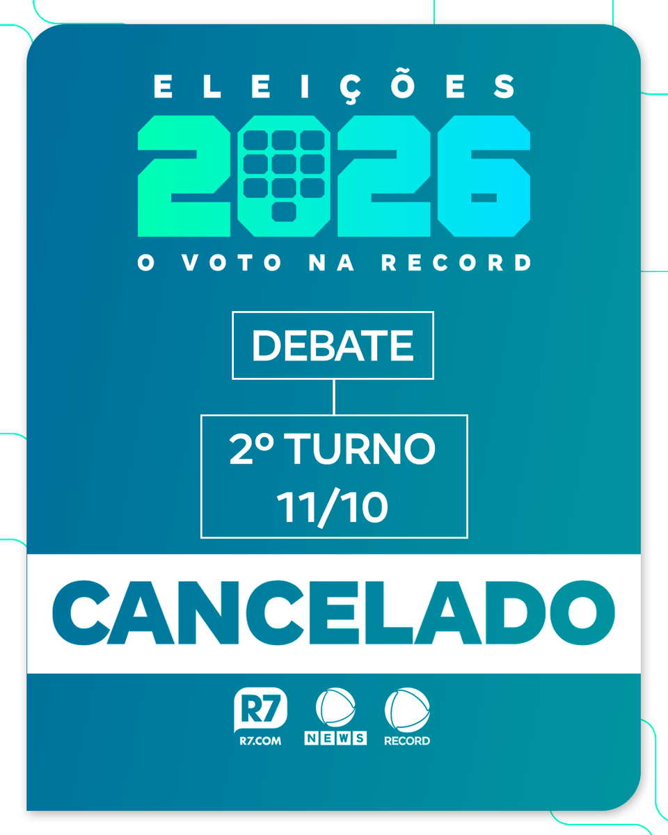 recordtvoficial's tweet photo. COMUNICADO

A RECORD informa que, em razão da incompatibilidade de agendas dos candidatos à Presidência da República, Flávio Bolsonaro e Luiz Inácio Lula da Silva, o debate previsto para o próximo domingo, 11 de outubro, foi cancelado.

São Paulo, 09 de outubro de 2026
RECORD https://t.co/x5iHU3KFvB