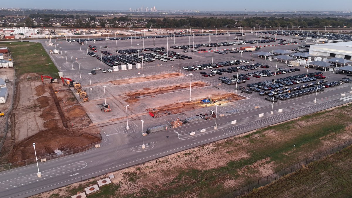 JoeTegtmeyer's tweet photo. The Giga Texas EOL is getting three new Supercharger installations on the S end, with visible excavation and conduit work underway today. There is also an excavation just S of the paved roadway that has been used as the overflow lot. 

This will give a much needed additional charging capability as production continues to ramp up for the 4th quarter and into what should be a even bigger 2027 for new vehicles and of course an expected massive increase in Cybercab production.