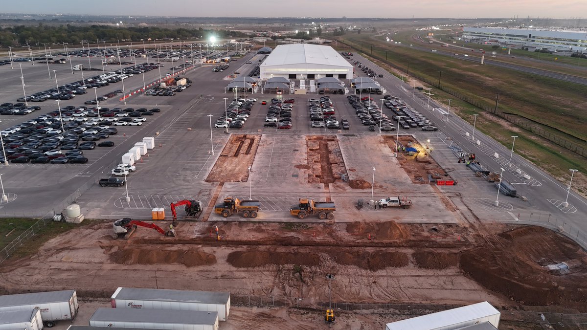 JoeTegtmeyer's tweet photo. The Giga Texas EOL is getting three new Supercharger installations on the S end, with visible excavation and conduit work underway today. There is also an excavation just S of the paved roadway that has been used as the overflow lot. 

This will give a much needed additional charging capability as production continues to ramp up for the 4th quarter and into what should be a even bigger 2027 for new vehicles and of course an expected massive increase in Cybercab production.