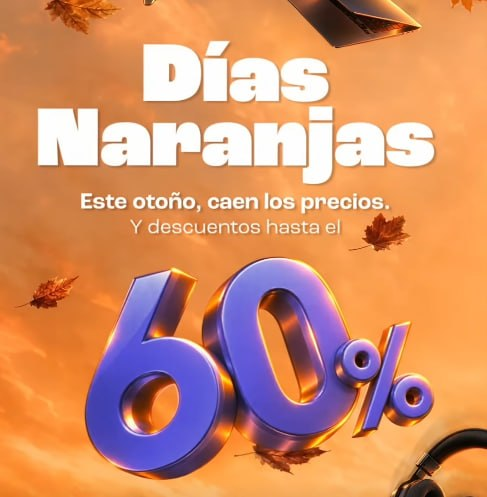 A promotional graphic for "Días Naranjas" (Orange Days) by PcComponentes, featuring an orange autumn sky with falling leaves and a metallic "60%" discount sign. The Spanish text reads "Este otoño, caen los precios. Y descuentos hasta el," tying into the post's urgency to grab limited-time autumn deals before October 11th ends.