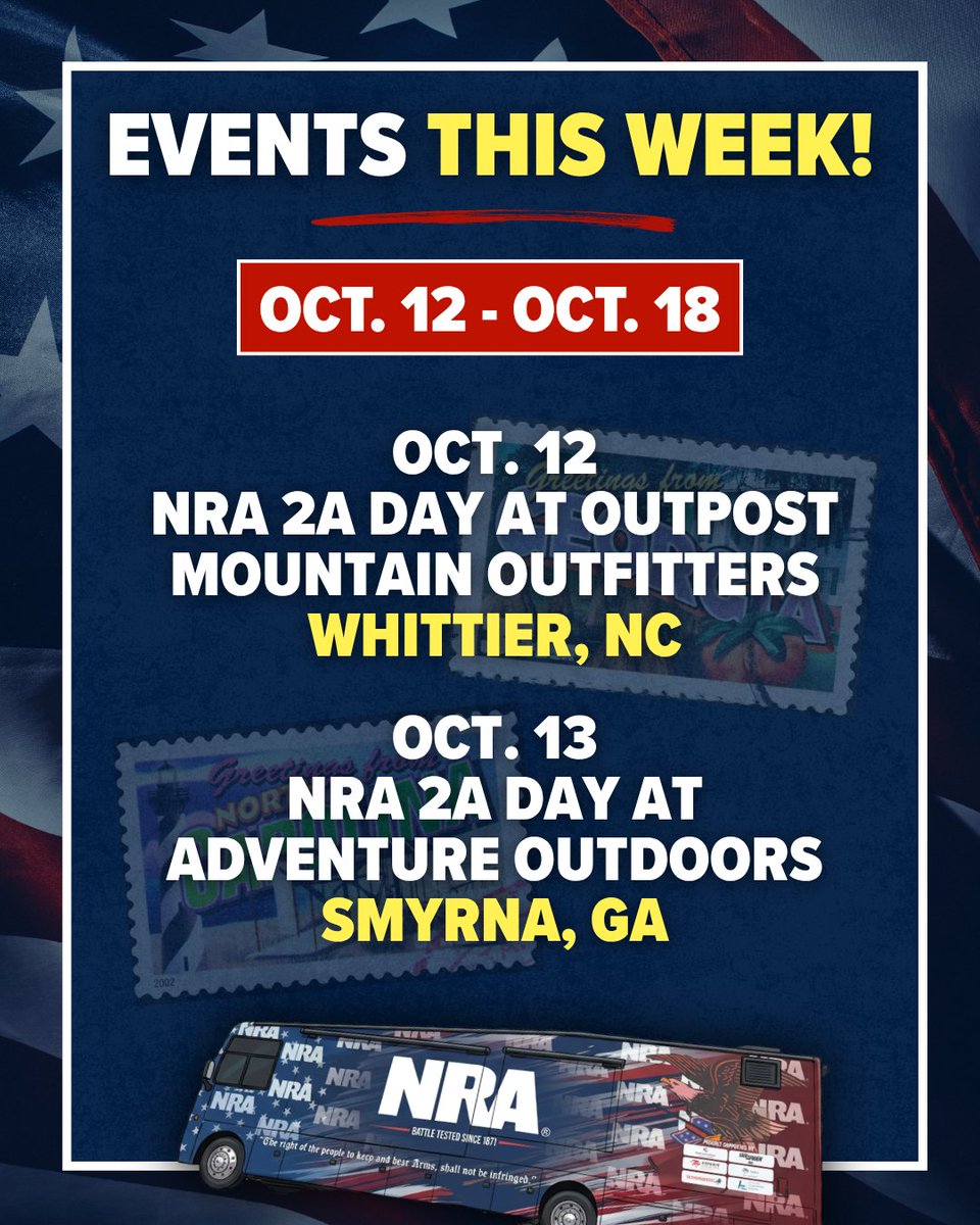 NRA's tweet photo. The NRA Gun Bus will be in North Carolina and Georgia this week! 🇺🇸

We can't wait to connect with Second Amendment supporters across both states. Learn about the upcoming midterm elections and pick up your FREE NRA merch!

Find a stop near you: https://t.co/KdzxtNitce https://t.co/YW1khyjm0J
