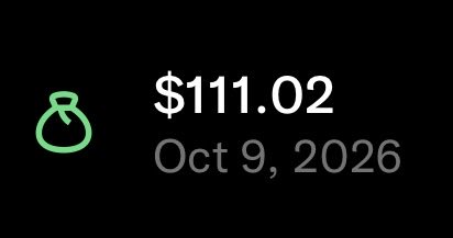 A simple display showing a green money bag icon with the amount "$111.02" and date "Oct 9, 2026" on a black background.