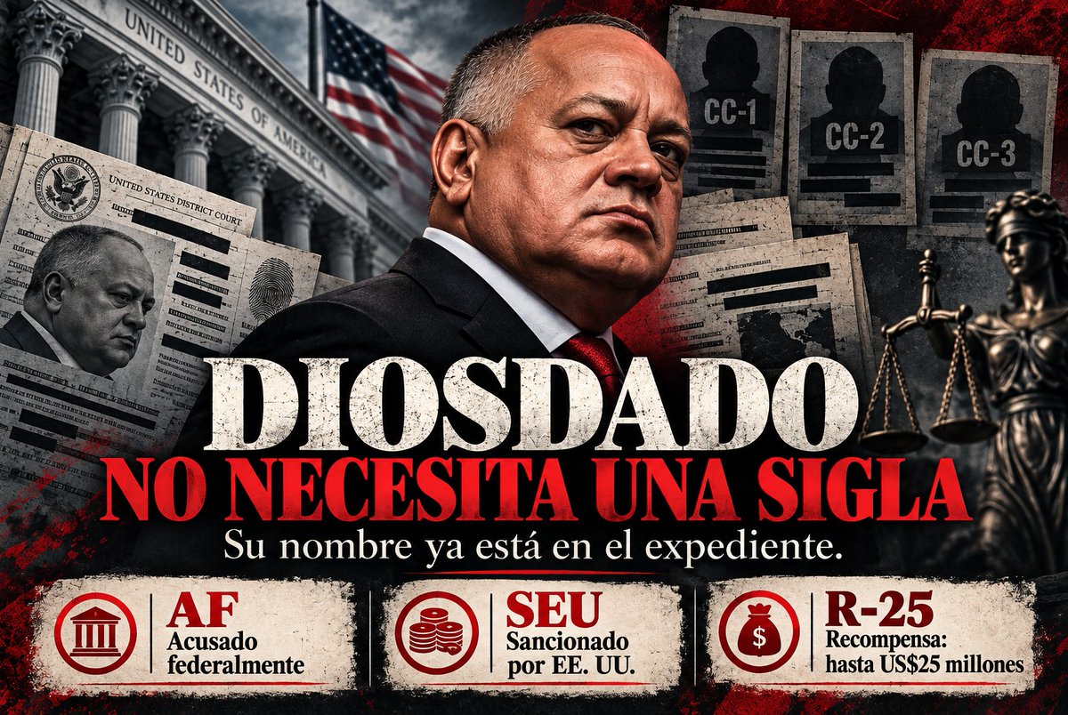 elhabito's tweet photo. 𝐃𝐈𝐎𝐒𝐃𝐀𝐃𝐎 𝐍𝐎 𝐍𝐄𝐂𝐄𝐒𝐈𝐓𝐀 𝐔𝐍𝐀 𝐒𝐈𝐆𝐋𝐀  
Mientras otros juegan al sudoku político con CC-1, CC-2 y CC-3, Diosdado ya carga unas siglas que pesan bastante más: AF, SEU y R-25.
Por Elizabeth Sánchez Vegas

La aparición de CC-1, CC-2 y CC-3 en la nueva acusación federal presentada en Nueva York ha abierto una discusión legítima y necesaria, porque identificar a los altos funcionarios detrás de esas claves puede ayudar a reconstruir responsabilidades dentro de un aparato al que ahora se atribuyen asesinatos, detenciones ilegales, torturas físicas y psicológicas y persecución sistemática. La acusación del 8 de octubre de 2026 no es un episodio menor: incorpora formalmente la tortura a la investigación penal estadounidense sobre la estructura de poder venezolana.

Pero hay un nombre para el cual ese sudoku resulta casi innecesario.

Diosdado Cabello Rondón no necesita esconderse detrás de CC-1, CC-2 o CC-3 para tener un problema serio con Estados Unidos, porque su nombre completo lleva años escrito en documentos oficiales estadounidenses.

El 26 de marzo de 2020, fiscales federales del Distrito Sur de Nueva York lo acusaron de conspiración de narcoterrorismo, conspiración para importar cocaína y delitos relacionados con armas, dentro de una causa en la que las autoridades estadounidenses sostienen que altos funcionarios venezolanos utilizaron instituciones del Estado para facilitar operaciones de narcotráfico en coordinación con las FARC.

Una acusación penal no equivale a una condena, y esa precisión debe hacerse siempre; pero tampoco corresponde tratar una acusación federal como si fuera un rumor, una narrativa opositora o una especulación de redes.

𝐃𝐢𝐨𝐬𝐝𝐚𝐝𝐨 𝐞𝐬𝐭á 𝐚𝐜𝐮𝐬𝐚𝐝𝐨 𝐟𝐞𝐝𝐞𝐫𝐚𝐥𝐦𝐞𝐧𝐭𝐞 𝐞𝐧 𝐄𝐬𝐭𝐚𝐝𝐨𝐬 𝐔𝐧𝐢𝐝𝐨𝐬. 𝐄𝐬𝐨 𝐧𝐨 𝐞𝐬 𝐮𝐧𝐚 𝐢𝐧𝐭𝐞𝐫𝐩𝐫𝐞𝐭𝐚𝐜𝐢ó𝐧: 𝐞𝐬 𝐮𝐧 𝐡𝐞𝐜𝐡𝐨.

Desde mayo de 2018, además, la Oficina de Control de Activos Extranjeros del Departamento del Tesoro lo mantiene sancionado y afirmó, al anunciar la medida, que había utilizado posiciones oficiales para participar en actividades de narcotráfico, lavado de dinero, apropiación de fondos estatales y otras formas de corrupción. Y el 10 de enero de 2025, el Departamento de Estado elevó hasta 25 millones de dólares la recompensa por información que condujera a su arresto o condena por los cargos relacionados con narcotráfico que pesan sobre él.

Ahí es donde el sudoku empieza a perder encanto.

Mientras hoy se intenta descifrar qué nombre corresponde a CC-1, CC-2 o CC-3, en el caso de Diosdado ya existen tres referencias bastante menos misteriosas, construidas únicamente sobre hechos públicos y comprobables: AF: Acusado Federalmente. SEU: Sancionado por Estados Unidos. R-25: Recompensa de hasta US$25 millones.

No pretenden sustituir las designaciones de la Fiscalía; simplemente recuerdan que, en su caso, la discusión no empieza en lo que todavía ignoramos, sino en la gravedad de lo que ya sabemos.

Cabello ocupa desde agosto de 2024 el Ministerio de Interior, Justicia y Paz, una posición desde la cual están bajo su esfera las fuerzas policiales y el sistema penitenciario venezolano. Ahora, en paralelo, una nueva acusación federal describe cómo determinados altos funcionarios habrían utilizado organismos estatales, militares, policiales y de seguridad para perseguir, detener ilegalmente y torturar.

Eso no demuestra que Diosdado sea CC-1, CC-2 o CC-3, y afirmar hoy cuál de esas siglas le corresponde sería adelantarse a lo que la Fiscalía todavía no ha hecho público; pero tampoco borra nada de lo que ya pesa sobre su nombre.

En su caso, cada pieza cuenta una dimensión distinta del problema: la acusación federal habla de presunto narcoterrorismo, cocaína y armas; las sanciones del Tesoro describen una red de corrupción y utilización del poder público; la recompensa confirma que el interés estadounidense en obtener su arresto o condena sigue vigente; y su posición actual lo mantiene en un lugar central dentro del aparato de seguridad venezolano precisamente cuando la justicia estadounidense profundiza en posibles responsabilidades penales relacionadas con la tortura.

Por eso, mientras otros juegan —legítimamente— al sudoku político de CC-1, CC-2 y CC-3, Diosdado ya carga las siglas que realmente pesan: AF. SEU. R-25.

Lo que todavía falta por saberse sobre CC-1, CC-2 y CC-3 puede ser explosivo y debe conocerse, pero en el caso de Diosdado no hace falta añadirle un solo delito que no esté formalmente atribuido ni una sola sigla que todavía no pueda demostrarse para comprender la gravedad de su situación.

Tal vez todavía no pueda decirse cuándo llegará la hora de responder por todo ello, pero sí puede decirse algo más importante: ya no depende de que el mundo descubra quién es, sino de cuánto más puede resistir el peso de lo que ya está documentado sobre él.

𝐏𝐚𝐠𝐚𝐫á, 𝐬𝐞ñ𝐨𝐫𝐞𝐬. 𝐏𝐚𝐠𝐚𝐫á.