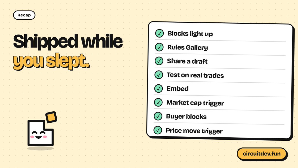 circuitdevfun's tweet photo. Shipped on Circuit overnight:

Blocks that light up, the Rules Gallery, draft sharing, real-trade testing, embeds, and three new blocks.

More today.

https://t.co/zP8wj5Rddp https://t.co/BST4LvRXyU