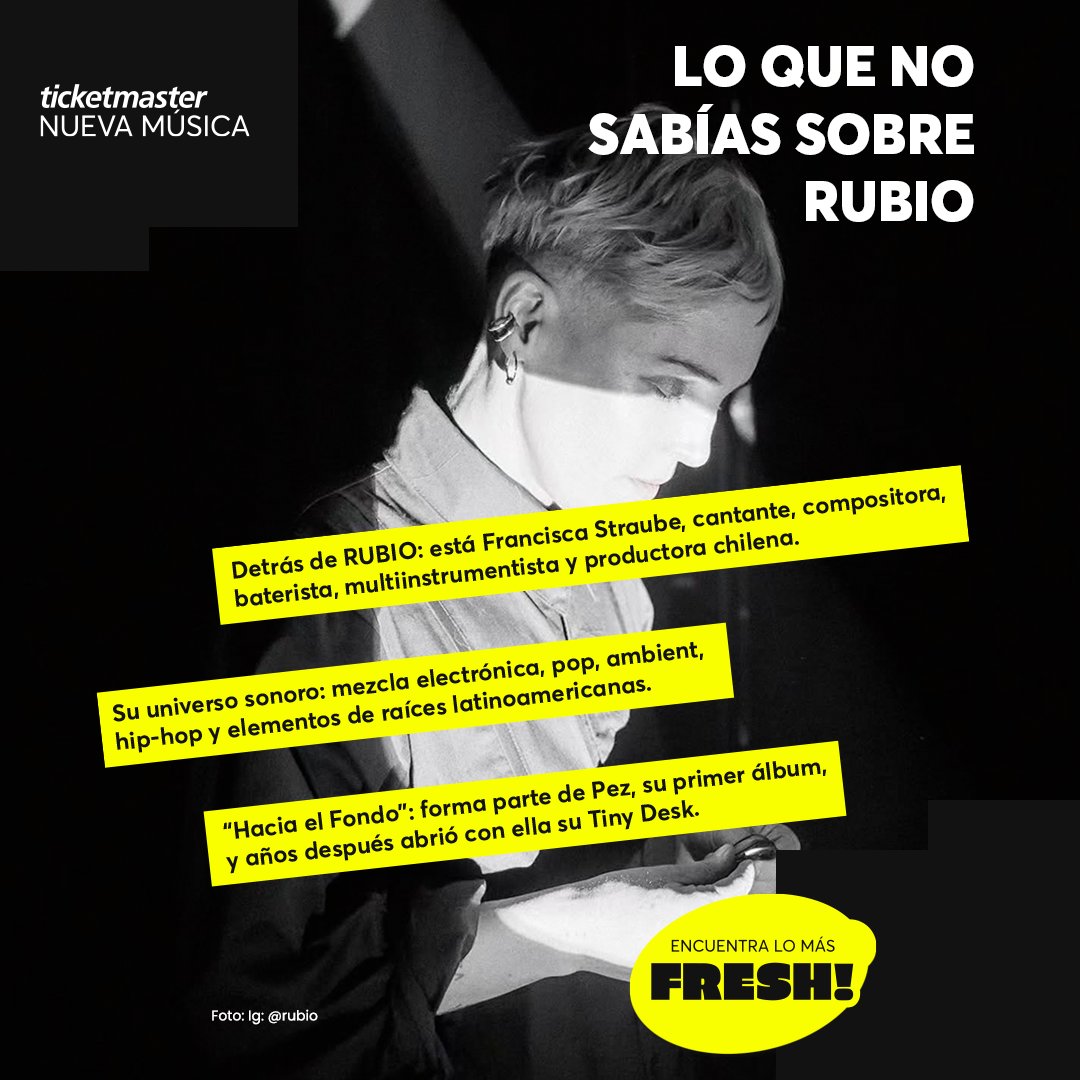 Ticketmaster_Me's tweet photo. 👀 Si todavía no tienes a RUBIO en tu radar, este es el momento 🎧​💛

🎶⚡ Descubre ritmos que combinan electrónica, atmósferas profundas y una propuesta que transforma cada canción en una experiencia.​ Empieza por “Hacia el Fondo” y descubre por qué su música debe estar en los favoritos de tu playlist haciendo clic en nuestra guía 👇
https://t.co/NtpxakBIeO