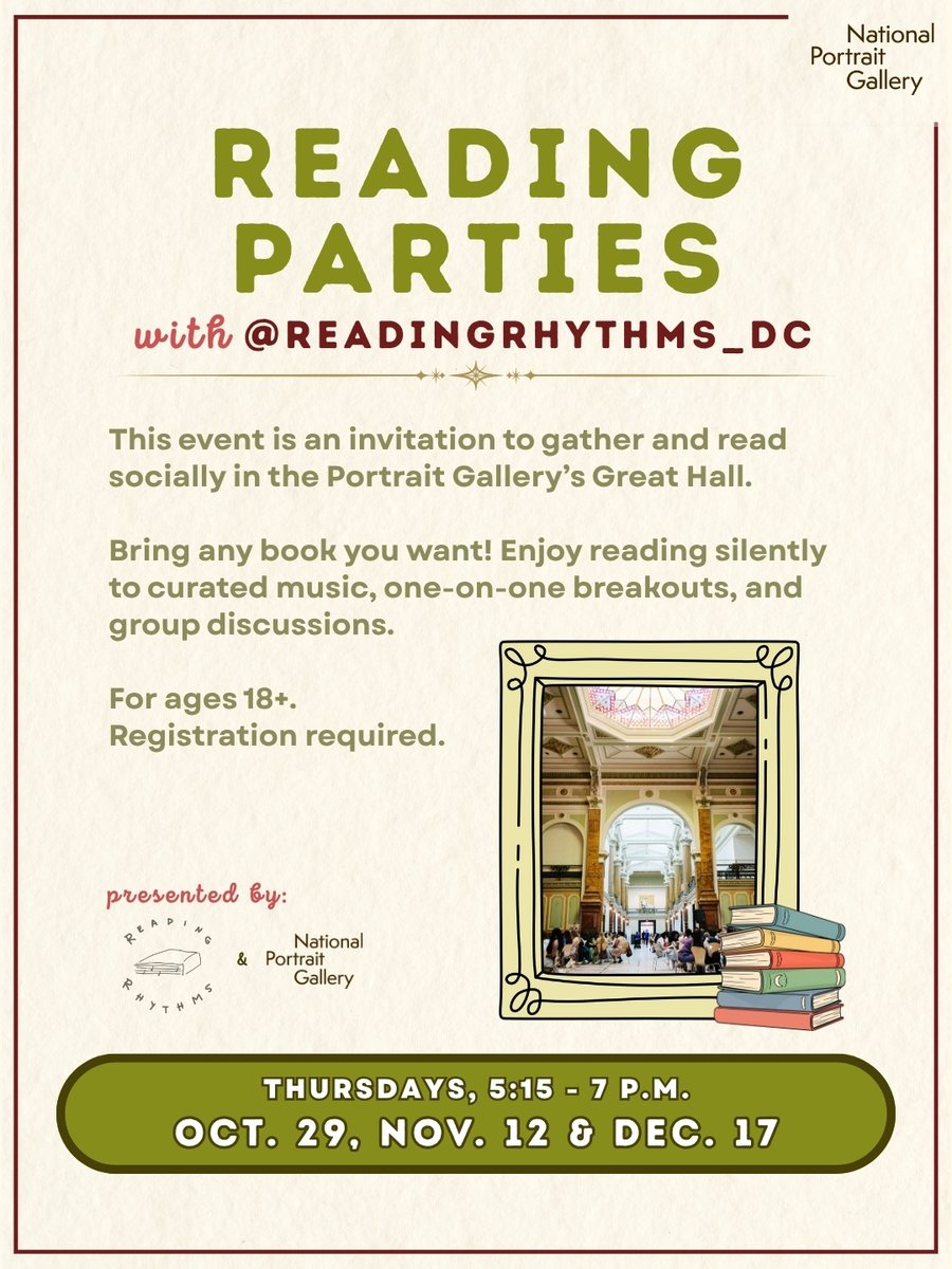smithsoniannpg's tweet photo. 🙋 Officially volunteering to be your third space!

The National Portrait Gallery has you covered with reading parties, midday resets, and screen-free evenings. Oh, and did we mention… they’re all free? 🥳 Make sure you save your spot on Eventbrite: https://t.co/ECuN9eudHC https://t.co/j62EqU7H9a