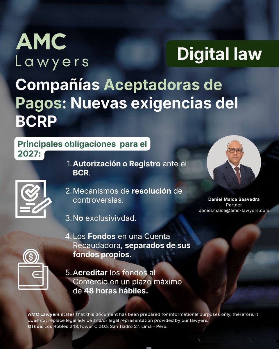 amclawyersperu's tweet photo. #Digital 𝗟𝗮𝘄| 𝗖𝗼𝗺𝗽𝗮𝗻̃𝗶́𝗮𝘀 𝗔𝗰𝗲𝗽𝘁𝗮𝗱𝗼𝗿𝗮𝘀 𝗱𝗲 𝗣𝗮𝗴𝗼𝘀: 𝗡𝘂𝗲𝘃𝗮𝘀 𝗲𝘅𝗶𝗴𝗲𝗻𝗰𝗶𝗮𝘀 𝗱𝗲𝗹 𝗕𝗖𝗥𝗣

El @bcrpoficial aprobó la Circular N° 26-2026-BCRP, con88 exigencias para las compañías aceptadoras de pago que recaudan pagos a favor de comercios.i https://t.co/PaHdCqkRDo