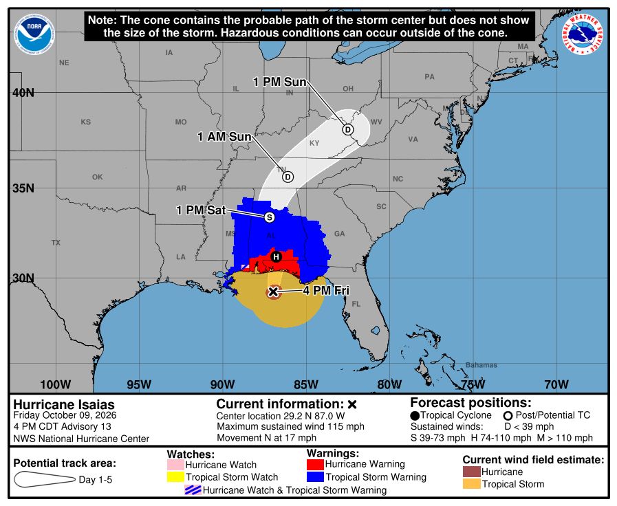 NWS's tweet photo. #Isaias 4pm CT update: A life-threatening storm surge is expected from the Mouth of the Mississippi River to Suwannee, Florida. Residents under evacuation orders should leave immediately and follow advice from local officials.
 
Extremely dangerous and damaging hurricane force-winds are expected over portions of the Florida Panhandle, southern Alabama, and southern Mississippi where a Hurricane Warning is in effect. Residents in these areas should have a safe room to ride out the storm and prepare for long-duration power outages.
 
Damaging wind gusts are likely over a large portion of the southeastern United States from western and northern Georgia and the southern Appalachians, westward over much of central and northern Alabama, southern middle Tennessee, and Mississippi, especially in areas of higher terrain. Residents should secure loose outdoor items, avoid driving high-profile vehicles, prepare for power outages, and be aware of the potential for falling trees.
 
Isaias will bring areas of heavy rainfall to the central U.S. Gulf coast and much of the Southeast through the weekend. Considerable flash and urban flooding, along with significant river flooding, will be possible. Landslides are also possible across the Southern Appalachians.
 
The tornado potential will continue through tonight. The greatest risk will be east of the center, particularly across the Florida Panhandle into southern Georgia. This risk will continue spreading north-northeast across parts of the Southeast on Saturday. 

https://t.co/e2Vkdav5Wu
