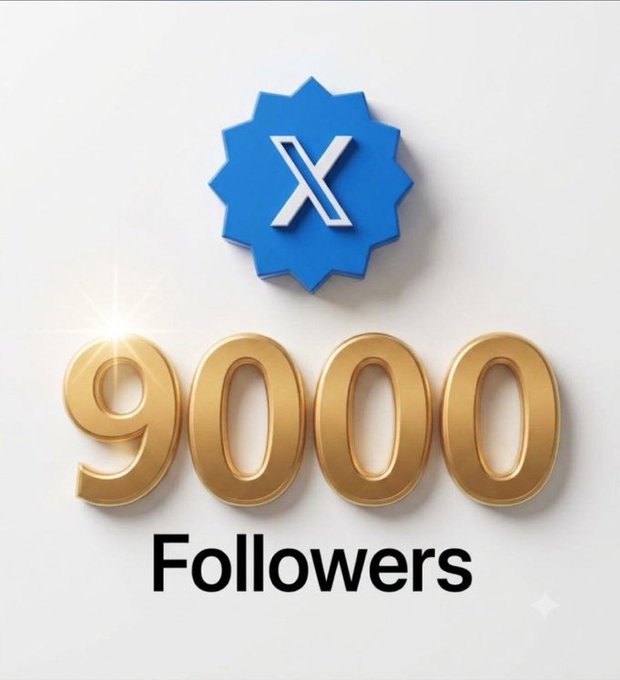 A celebratory graphic displays a blue X (Twitter) badge above golden 3D text reading '9000 Followers'.
