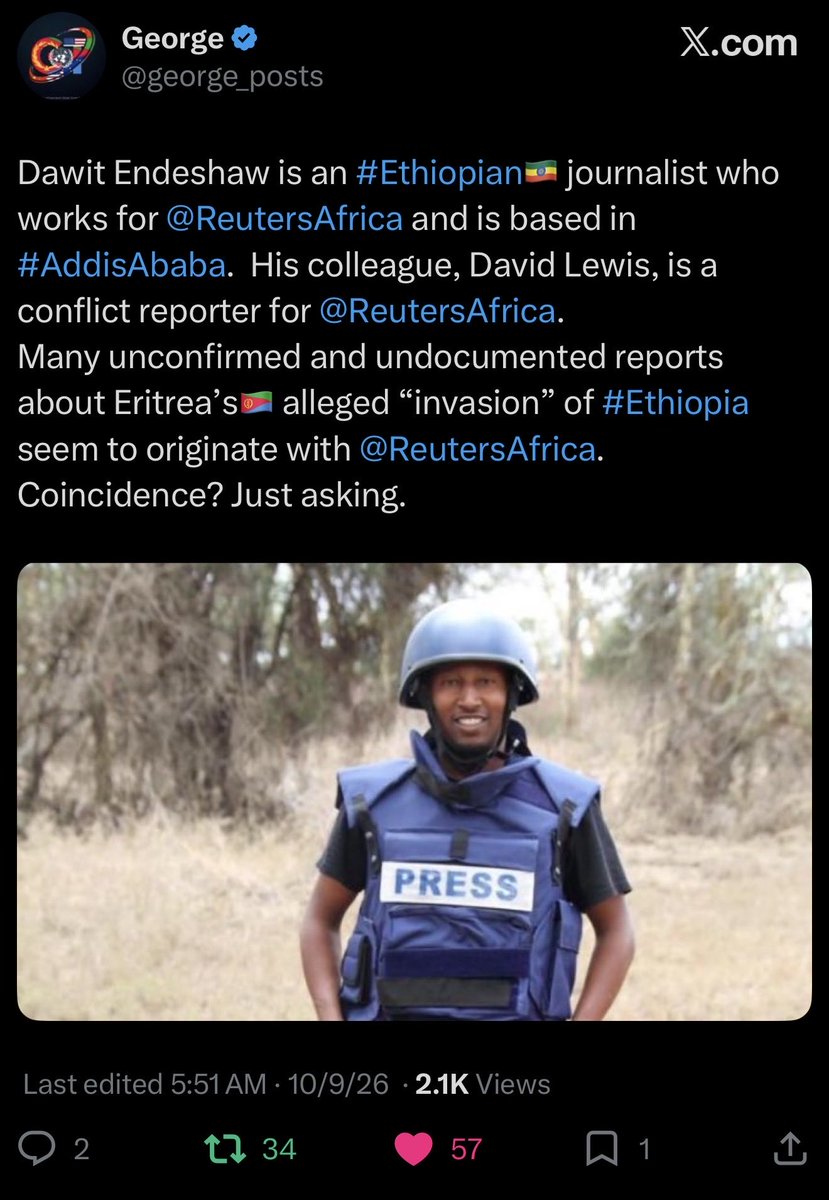 TewerwariE's tweet photo. A few things need to be said. Did you ever stop to consider this when making claims about the Red Sea, Eritrean ports, or Somaliland in Somalia or when backing the RSF against the Sudanese people?

The claim that Eritrea invaded Ethiopia is part of a coordinated media campaign and serve as a pretext for war against Eritrea. Several Ethiopian journalists working for news outlets have promoted this narrative.