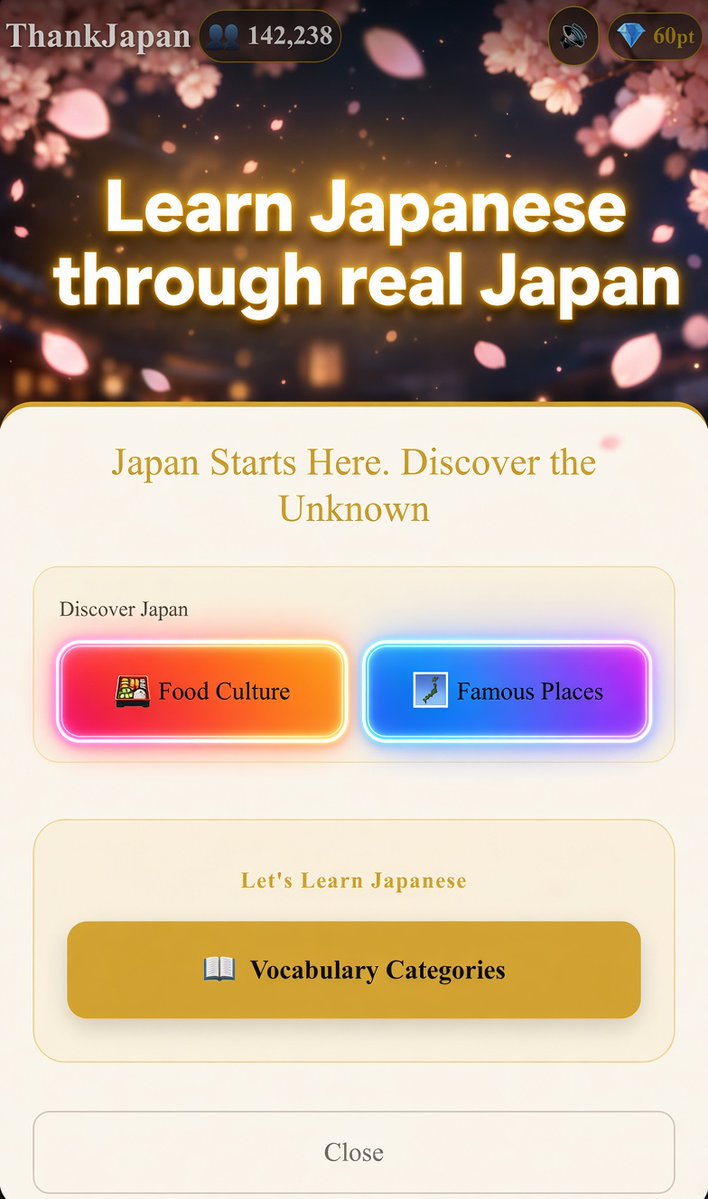 thankjapan0514's tweet photo. Learn Japanese through real Japan 🇯🇵
Food Culture + Famous Places + Vocabulary
No boring textbook. Just fun discovery.
#LearnJapanese #JapanTravel #JapaneseFood #Nihongo #JapaneseApp https://t.co/uZuybfFzj1