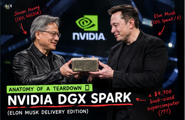 claraisbusy's tweet photo. anatomy of a teardown 📲: nvidia dgx spark (elon musk delivery edition)

target demographic: tech billionaires who already have everything, except a $4,700 book sized supercomputer that fits in their hand.

the unit teardown & hardware specs:

-form factor: 6x6 inches and 2 inches thick. literally looks like a vintage hardcover book or a piece of high end origami paper, but flexes 1 petaflop of FP4 compute   

-chip architecture: grace blackwell GB10 superchip with 128GB of coherent unified LPDDR5x memory   

-local model limits: runs 200B parameter models locally on a 140W power draw. stack two together and you hit 405B parameters on your desk   

-thermal design: running at 140 watts in a box smaller than a lunchbox means those internal fans are fighting for their life 24/7

verdict: 
pass for raw production server workloads because of memory bandwidth ceilings, but 10/10 for executive flex culture. it’s an over engineered paperweight for billionaires who want to run autonomous agents while watching rocket launches