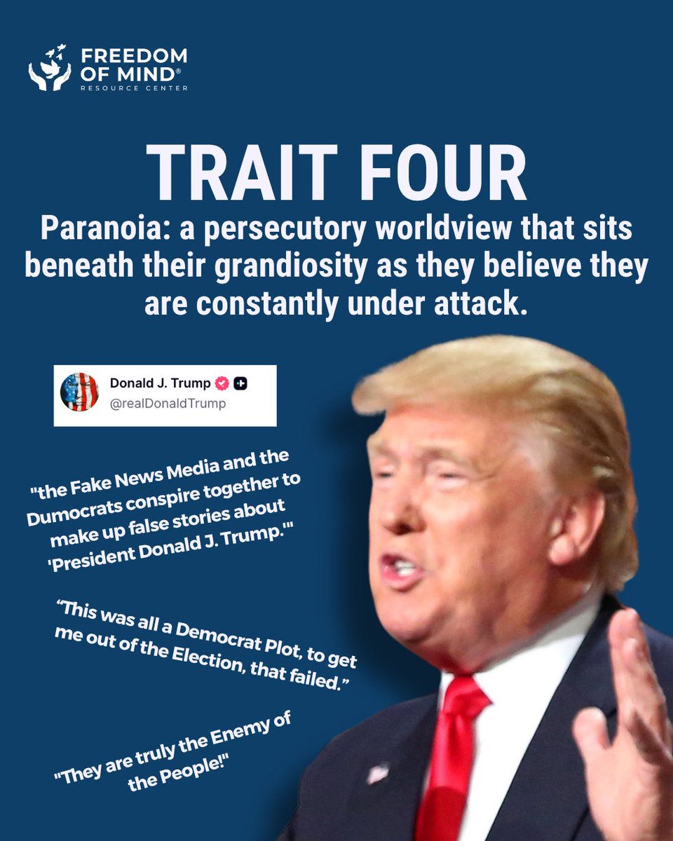 CultExpert's tweet photo. What makes Trump a MALIGNANT narcissist?

It seems everybody today is a narcissist or knows somebody who is, which is exactly why the word has started to lose its meaning.

Malignant narcissism, however, is something different.

It is narcissism combined with specific psychopathological attributes that make a person genuinely unsafe to be around: antisocial behavior, pathological lying, sadism and paranoia, layered on top of a grandiose, entitled sense of self.

When asking yourself the extent to which Trump exhibits the malignant narcissistic profile of a destructive cult leader, the answer is clear! In Chapter 3 of The Cult of Trump, I described these attributes and compared Trump with Jim Jones, Moon, and Hubbard of Scientology.

Since returning to office, he has pictured himself as a Pope, a King and a superhero, recently called Los Angeles and San Diego being bombed “a very small price to pay,” mocked the grieving and the dead after ICE attacks, and told his followers the press, the polls and the courts are all conspiring against him.

But learning to recognize these traits matters far beyond politics, as the same profile shows up in families, workplaces, relationships and high-control groups.

In my Substack article, I break down each of the four traits, how to tell the difference between someone who is difficult and someone who is dangerous, and why that difference matters for your safety.

Click here to read the full article: https://t.co/wTThcYnlUO
