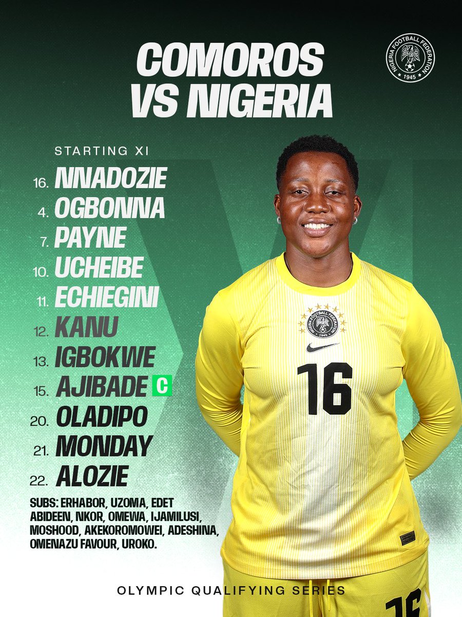 NGSuper_Falcons's tweet photo. TEAM NEWS ποΈπ³π¬
π Joy Igbokwe makes her Super Falcons debut
Β©οΈ Rasheedat Ajibade captains the side
π Gift Monday leads the attack
#COMNGA #SoarSuperFalcons https://t.co/8L2Z3qSOFe