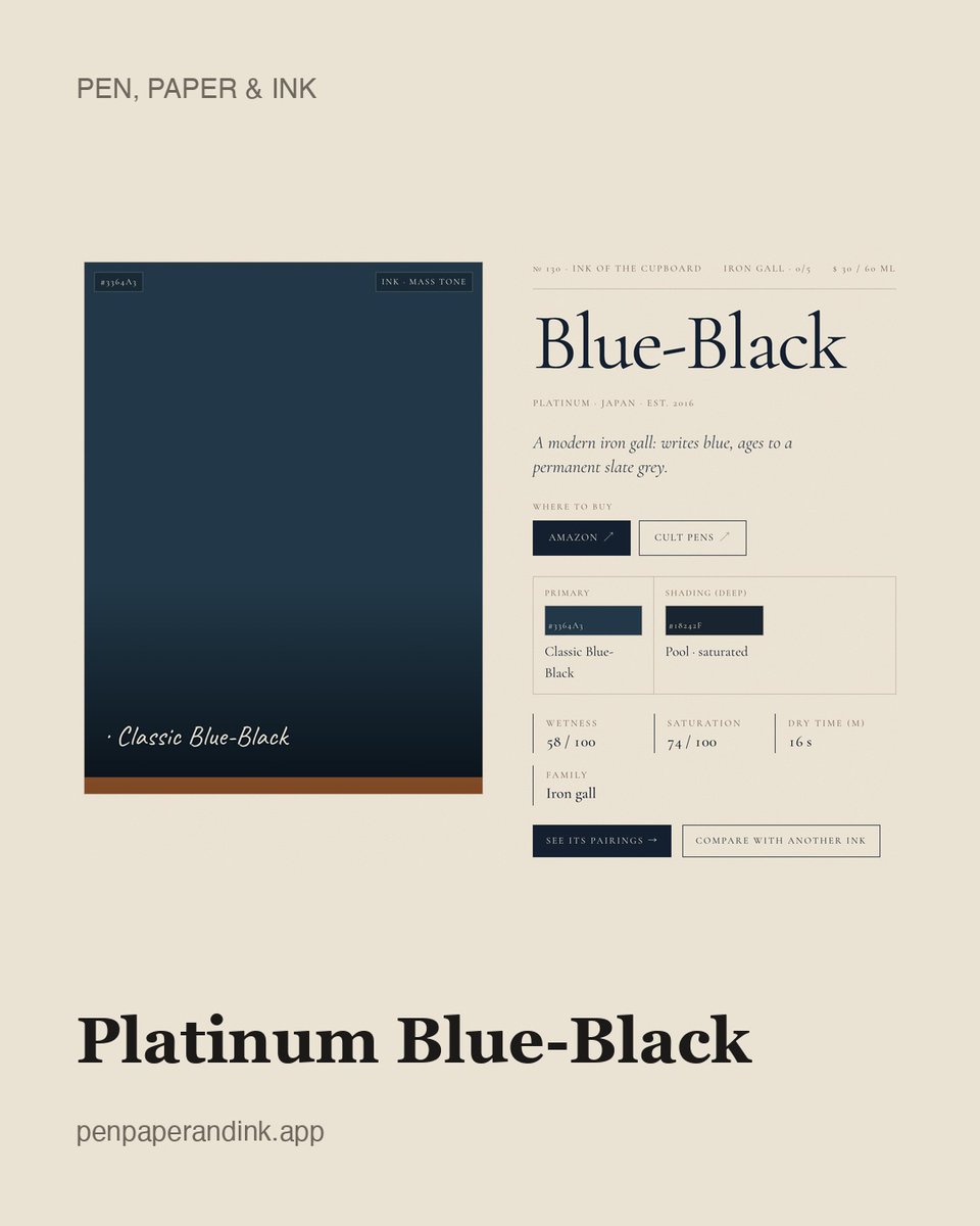 TheWizardof0dd's tweet photo. Platinum Blue-Black, from the ink archive.

A modern iron gall: writes blue, ages to a permanent slate grey.

https://t.co/IeWMG1dj28

#FountainPenInk #Platinum https://t.co/5X6oxvZgGj