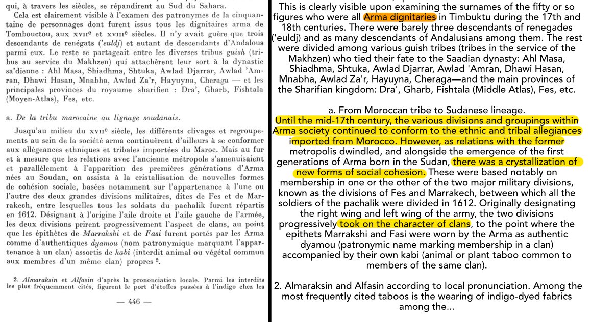 Sahelian221's tweet photo. The problem with Abitbol is that he analyzes surnames of Arma Timbuktu *dignitaries: not their entire population.

Indeed, Michel acknowledges that Moroccan tribal affiliations developed into new forms of Arma identity: its modern people going by the Sahelian patronym of Touré. https://t.co/goEGC7Feqw