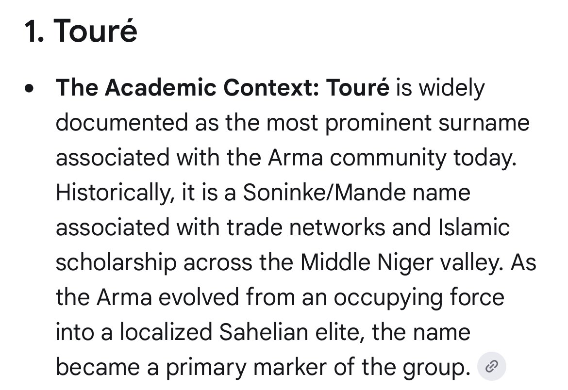 Sahelian221's tweet photo. The problem with Abitbol is that he analyzes surnames of Arma Timbuktu *dignitaries: not their entire population.

Indeed, Michel acknowledges that Moroccan tribal affiliations developed into new forms of Arma identity: its modern people going by the Sahelian patronym of Touré. https://t.co/goEGC7Feqw
