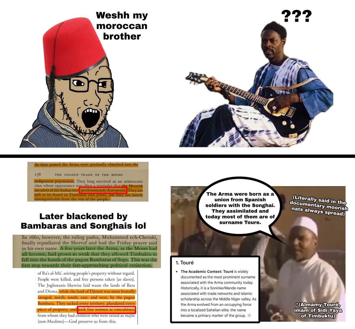 Sahelian221's tweet photo. The problem with Abitbol is that he analyzes surnames of Arma Timbuktu *dignitaries: not their entire population.

Indeed, Michel acknowledges that Moroccan tribal affiliations developed into new forms of Arma identity: its modern people going by the Sahelian patronym of Touré. https://t.co/goEGC7Feqw