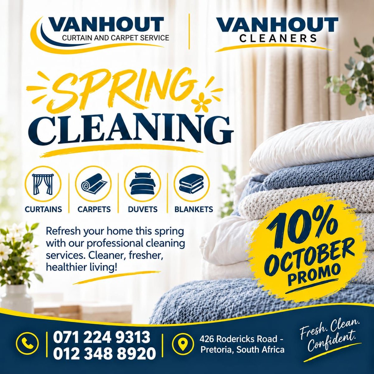 allin1ads's tweet photo. Refresh your home this spring! 🌼🧺 Enjoy our 10% October Promo on professional curtain, carpet, duvet and blanket cleaning. Fresh, clean and confident! 💙💛
https://t.co/6kSRc3Vvb0
#VanHoutCleaners #SpringCleaning #OctoberPromo #CarpetCleaning #CurtainCleaning https://t.co/b67EtwDG5X